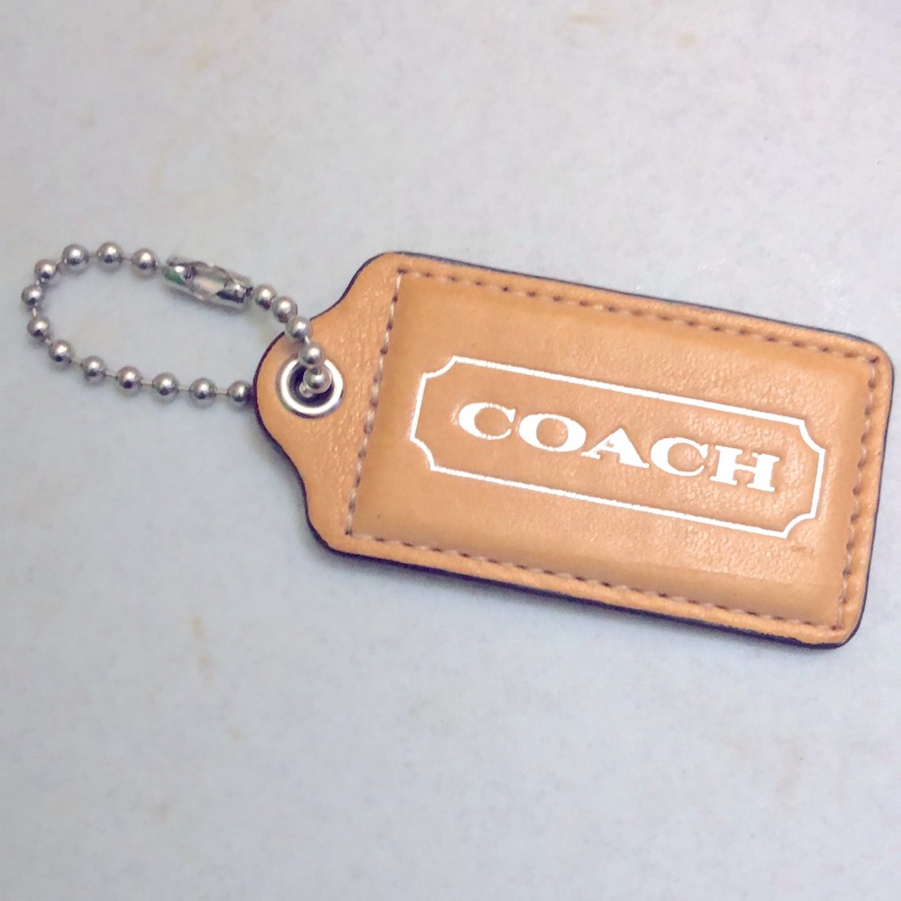 Silver Coach Stamped Tan Brown Genuine Leather Hang Tag Fob with bead chain Lg